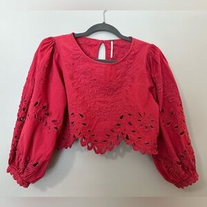 Free People Boho Red Embroidered Cropped Top Cotton Linen Blend Women’s XS